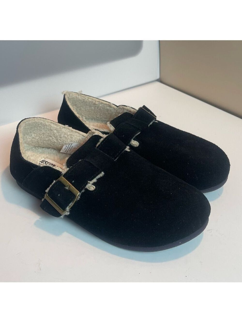 CUSHIONAIRE Women's Nest Genuine Suede Slip-On Shoe Faux Shearling & Buckle 7.5